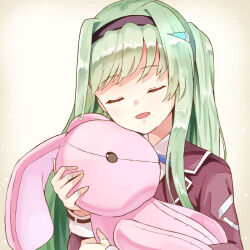  1girl closed_mouth green_hair grey_hair hairband heaven_burns_red highres holding holding_stuffed_toy long_hair mole mole_under_mouth murofushi_risa shira_461 stuffed_animal stuffed_toy 
