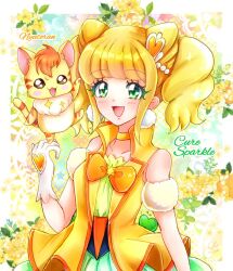 1girl animal_ears blonde_hair blush bow cat cat_ears choker colored_eyelashes commentary_request cure_sparkle double_bun earrings fairy floral_background full_body gloves green_eyes hair_bun hair_ornament happy healin'_good_precure hiramitsu_hinata image_sample jewelry light_smile magical_girl nyatoran_(precure) orange_bow pom_pom_(clothes) pom_pom_earrings precure princess queen skirt smile solo thigh-highs twintails uran_(uran_syukasyu) vest white_gloves yellow_background yellow_choker yellow_vest