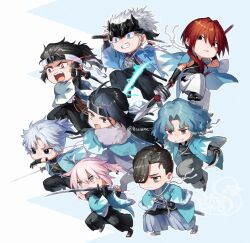  1girl 6+boys aqua_haori arm_guards black_eyes black_hair black_hakama black_kimono black_scarf blue_eyes blue_hair chibi chibi_only curtained_hair fate/grand_order fate_(series) forehead_protector full_body fur_shawl grey_eyes grey_hair grey_hakama grey_kimono hair_intakes hair_pulled_back hakama haori haori_on_shoulders harada_sanosuke_(fate) harada_sanosuke_(teal_haori_and_hakama)_(fate) headband_around_neck high_ponytail hijikata_toshizou_(fate) hijikata_toshizou_(teal_haori_and_hakama)_(fate) holding holding_polearm holding_sword holding_weapon japanese_clothes katana kimono kondou_isami_(fate) medium_sideburns multiple_boys multiple_scars nagakura_shinpachi_(fate) nagakura_shinpachi_(third_ascension)_(fate) okita_souji_(fate) okita_souji_(koha-ace) okita_souji_(teal_haori_and_hakama)_(fate) pink_hair polearm ponytail prosthetic_arm_removed prosthetic_sword red_hair saitou_hajime_(fate) saitou_hajime_(third_ascension)_(fate) sandals scar scar_on_arm scar_on_face scar_on_forehead scarf shawl shinsengumi_(fate) short_ponytail sideburns sidelocks sleeveless sleeveless_kimono somemiya_suzume spiked_headband sword tasuki toudou_heisuke_(third_ascension)_(fate) unworn_headband waraji weapon white_hair white_hakama white_kimono yamanami_keisuke_(fate) yamanami_keisuke_(third_ascension)_(fate) 