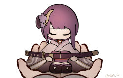  asymmetrical_sidelocks black_thighhighs blunt_bangs character_doll circle_hands closed_eyes doll facing_down fan_hair_ornament flower genshin_impact hair_flower hair_ornament highres holding holding_doll holding_sword holding_weapon japanese_clothes kimono long_sleeves nbb3 negative_space no_mouth obi obijime open_hands pov purple_flower purple_hair purple_kimono purple_sash raiden_shogun red_sash sash seiza sheath sheathed sidelocks sitting statue_of_her_excellency_(genshin_impact) swept_bangs sword thigh-highs twitter_username weapon white_background wide_sleeves 