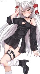  1girl alternate_costume amatsukaze_(kancolle) bandaid bandaid_on_knee bandaid_on_leg belt black_belt black_choker black_shoes black_skirt black_sweater blush boots cat_cutout choker cleavage_cutout clothing_cutout commentary_request cross cross_earrings earrings fake_nails hair_tubes high_heel_boots high_heels highres jewelry jirai_kei kantai_collection leg_up long_hair long_sleeves looking_at_viewer loose_socks shoes simple_background skirt socks solo spaghetti_strap sweat sweater thigh_strap twitter_username two_side_up v white_background white_hair white_socks yamabiko1358 yellow_eyes 