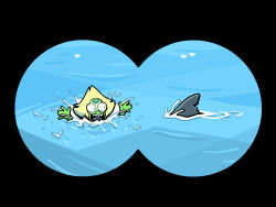  1girl alien blonde_hair colored_skin commentary discount-supervillain english_commentary face_shield forehead_jewel gem gem_(steven_universe) green_skin open_mouth peridot_(steven_universe) shark_fin short_hair solo steven_universe triangle-shaped_hair 