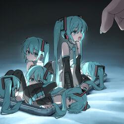  1other 6+girls absurdres aqua_eyes aqua_hair aqua_nails aqua_necktie aqua_trim bare_shoulders black_background black_boots black_skirt boots breasts cellphone channel_(caststation) clone closed_mouth colored_shoe_soles commentary dark detached_sleeves expressionless gradient_background grey_shirt hair_ornament hatsune_miku headset highres knees_up legs_together light_particles long_hair long_sleeves looking_at_another looking_at_viewer looking_back miku_day mini_person minigirl miniskirt multiple_girls nail_polish necktie on_bed open_mouth out_of_frame phone pleated_skirt screen_light shirt skirt sleeveless sleeveless_shirt sleeves_past_wrists small_breasts smartphone swept_bangs thigh_boots through_medium through_screen twintails underlighting upside-down very_long_hair vocaloid zettai_ryouiki 