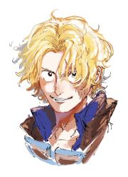  1boy ame_ekai blonde_hair blue_shirt commentary_request goggles goggles_around_neck highres male_focus one_piece portrait sabo_(one_piece) scar scar_on_face shirt short_hair simple_background smile solo white_background 