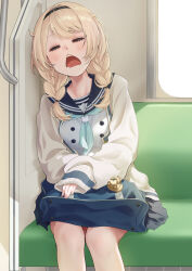  1girl ando_raymond aqua_sailor_collar bag black_hairband blonde_hair braid commentary_request drooling hairband highres hololive kazama_iroha kazama_iroha_(school_uniform) sailor_collar school_bag school_uniform sleeping sleeves_past_wrists train_interior triangle_mouth twin_braids virtual_youtuber 