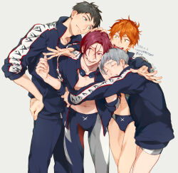  4boys artist_name bulge character_name closed_eyes closed_mouth commentary_request crying dated fingernails free! goggles goggles_around_neck green_eyes grey_background grey_hair group_hug hand_on_another's_head hand_on_own_hip happy happy_birthday hug jacket jammers legskin looking_at_another male_focus male_swimwear matsuoka_rin mikoshiba_momotarou mjo multiple_boys navel nitori_aiichirou open_clothes open_jacket open_mouth orange_hair pants red_hair sharp_teeth short_hair simple_background smile standing swim_briefs swim_goggles tears teeth track_jacket track_pants track_suit unzipped yamazaki_sousuke 