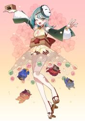  1girl animal_print bare_legs beans blue_oni braid breasts colored_skin commentary_request detached_sleeves ehoumaki food green_hair hair_between_horns highres horns looking_at_viewer makizushi mamemaki masu medium_breasts one_eye_closed oni open_mouth original red_oni red_skin setsubun side_braid skin-covered_horns smile solo soybean sushi tiger_print uninu yellow_eyes 