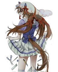  1girl animal_ears blush bow bowtie boxcutter brown_hair commentary ear_covers ear_ribbon eraser from_behind hair_between_eyes highres horse_ears horse_girl horse_tail ian_(2uaiueo) knife long_hair multicolored_hair pen pleated_skirt puffy_short_sleeves puffy_sleeves purple_bow purple_bowtie purple_shirt red_eyes ribbon ruler sailor_collar sailor_shirt school_uniform scissors shirt short_sleeves simple_background skirt skirt_hold smile solo still_in_love_(umamusume) streaked_hair tail thigh-highs tracen_school_uniform umamusume veil white_background white_sailor_collar white_skirt white_streaks white_thighhighs white_veil 