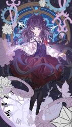  1girl absurdres analog_clock beret black_hair black_hat black_pantyhose blue_vest blunt_bangs bow braid bug butterfly cardigan clock clock_hands collared_shirt frilled_skirt frills full_body gears hair_ribbon hat heroine_(lovebrush_chronicles) highres long_hair long_sleeves looking_at_viewer lovebrush_chronicles medium_skirt open_cardigan open_clothes pantyhose parted_lips pigeon-toed pinstripe_pattern pinstripe_vest pointing pointing_at_viewer ran_78 red_ribbon red_shoes red_skirt ribbon shirt shoes side_braid skirt sky smile solo standing star_(sky) star_(symbol) starry_sky straight-on very_long_hair vest violet_eyes waist_bow white_cardigan white_shirt 