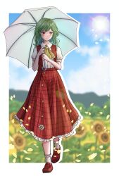  1girl absurdres ankle_socks ascot blue_sky blush boots border breasts closed_mouth clouds cloudy_sky commentary_request day double-parted_bangs drop_shadow falling_petals field flower flower_field frilled_ascot frilled_skirt frilled_socks frills full_body green_eyes grid_print grid_print_skirt grid_print_vest hair_between_eyes hands_up highres holding holding_umbrella kazami_yuuka kyabekko loafers medium_breasts medium_skirt mountainous_horizon outdoors outside_border parasol petals print_skirt print_vest red_boots red_eyes red_skirt red_vest shirt shoes short_sleeves skirt sky smile socks solo sunflower sunflower_field touhou umbrella v-shaped_eyebrows vest white_border white_shirt white_socks white_umbrella yellow_ascot 