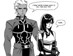  1boy 1girl archer_(fate) bare_shoulders black_gloves black_hair breasts crop_top crossover dark-skinned_male dark_skin elbow_gloves english_commentary english_text fate/stay_night fate_(series) final_fantasy final_fantasy_vii final_fantasy_vii_remake gloves greyscale hand_on_another's_shoulder hand_on_own_arm highres long_hair long_sleeves medium_breasts midriff monochrome parted_lips seilidare short_hair simple_background single_sidelock skirt speech_bubble suspender_skirt suspenders talking tank_top tassel tifa_lockhart upper_body white_background white_hair white_tank_top 