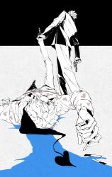  1amteeth 2boys black_suit blonde_hair blood blue_blood brothers cigarette_pack closed_eyes donquixote_doflamingo donquixote_rocinante dragging gun heart heart_print highres holding holding_cigarette_pack holding_gun holding_weapon makeup male_focus multiple_boys one_piece partially_colored scar scar_on_hand shirt short_hair siblings suit weapon white_shirt 