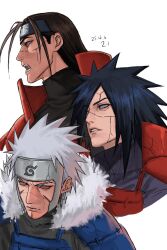  3boys armor black_hair black_shirt brown_eyes brown_hair cracked_skin dated facial_mark fur_trim grey_eyes grey_hair hair_over_one_eye happuri_(forehead_armor) highres japanese_armor konohagakure_symbol long_hair male_focus multiple_boys naruto_(series) naruto_shippuuden open_mouth parted_lips red_eyes ringed_eyes senju_hashirama senju_tobirama shirt short_hair shoulder_armor shouting spiky_hair tinzng1518388 turtleneck uchiha_madara upper_body white_background 