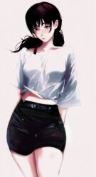  1girl black_eyes black_hair black_shorts blush bra_strap breasts chainsaw_man commentary contrapposto cowboy_shot highres light_frown medium_breasts midriff mitaka_asa ponytail profilicnekro shirt short_shorts shorts solo white_shirt wide_sleeves 