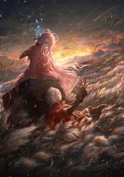  1boy 1girl black_gloves brown_hoodie child clouds cloudy_sky commentary_request falling_feathers falling_star feathers field gloves gradient_sky grey_sky highres hiya_(user_dvyd4375) holding holding_paper hood hoodie kneeling long_hair looking_at_another looking_down looking_up mechanical_tail messy_hair no_game_no_life on_ground on_rock outdoors paper purple_hair red_eyes riku_(no_game_no_life) short_hair shuvi_(no_game_no_life) sitting sky smile tail very_long_hair white_background white_hair yellow_eyes yellow_sky 