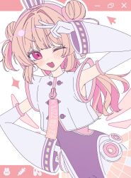  1girl ;d blonde_hair blush cowboy_shot cursor detached_sleeves detached_wings double_bun fang gloves hair_bun hair_intakes hand_on_own_hip highres jacket long_hair looking_at_viewer natori_sana nobu-k official_alternate_costume one_eye_closed open_mouth pink_eyes pink_hair sana_channel see-through_clothes see-through_skirt skin_fang skirt smile solo two_side_up v virtual_youtuber white_gloves white_jacket wide_sleeves wings 