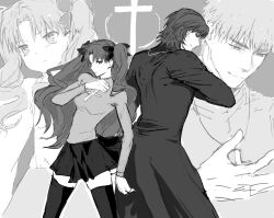  175x2 1boy 1girl aged_down bare_shoulders bow breasts clenched_hand closed_mouth coat commentary_request cowboy_shot cross cross_necklace cross_print empty_eyes fate/stay_night fate_(series) from_behind greyscale hair_bow hand_on_own_chest hand_up jewelry korean_commentary kotomine_kirei long_hair long_sleeves looking_at_viewer looking_back looking_down medium_breasts miniskirt monochrome necklace parted_bangs pleated_skirt simple_background skirt smile standing sweater thigh-highs tohsaka_rin turtleneck turtleneck_sweater two_side_up v-shaped_eyebrows wavy_hair zettai_ryouiki zoom_layer 
