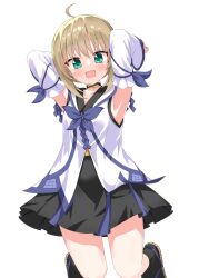  1girl :d ahoge aoi_(kunado_kokuki) armpits arms_behind_head black_choker black_skirt black_socks blonde_hair blush choker commentary detached_sleeves full_body green_eyes hair_between_eyes happy highres jumping kunado_kokuki long_sleeves medium_hair open_mouth pleated_skirt sandals shirt sidelocks simple_background skirt sleeveless sleeveless_shirt smile socks solo thighs white_background white_shirt white_sleeves wide_sleeves wistar1as zouri 