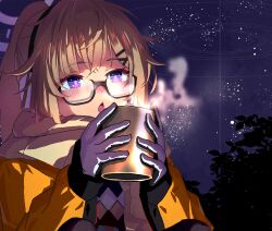  1girl absurdres black-framed_eyewear blonde_hair blue_archive blush brown_scarf commentary_request cup glasses gloves halo highres holding holding_cup jacket kotama_(blue_archive) kotama_(camp)_(blue_archive) long_hair matsumoto_yutaka multicolored_sweater night open_mouth ponytail purple_halo scarf semi-rimless_eyewear sky solo star_(sky) starry_sky steam sweater under-rim_eyewear violet_eyes white_gloves yellow_jacket 