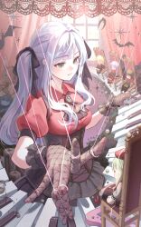  1girl amoris_(bang_dream!) b_drawing_p bang_dream! bang_dream!_it's_mygo!!!!! bat_(animal) black_gloves black_skirt blonde_hair blue_hair breasts brown_hair chair commentary_request curtains doloris_(bang_dream!) gloves green_hair hat highres indoors instrument jacket korean_commentary long_hair medium_breasts misumi_uika mortis_(bang_dream!) oblivionis_(bang_dream!) on_chair piano purple_hair red_hair red_jacket short_hair sitting skirt solo stuffed_toy timoris_(bang_dream!) togawa_sakiko twintails wakaba_mutsumi window yahata_umiri yuutenji_nyamu 