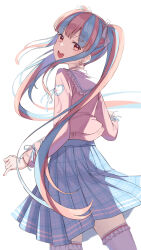  1girl :d absurdres bang_dream! bang_dream!_girls_band_party! blue_hair blue_skirt blunt_bangs choker commentary_request cowboy_shot duplicate earrings floating_hair frilled_thighhighs frills from_behind grid_skirt hair_ornament hair_ribbon hairclip hands_up heart heart_earrings highres jacket jewelry long_hair long_sidelocks long_sleeves looking_at_viewer looking_back multicolored_hair nuenue nyubara_reona open_mouth pink_choker pink_hair pink_jacket pixel-perfect_duplicate pleated_skirt red_eyes ribbon sidelocks simple_background skirt smile solo teeth thigh-highs tongue twintails two-tone_hair upper_teeth_only white_background white_ribbon white_thighhighs 