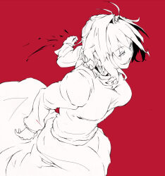  1girl ahoge arcueid_brunestud breasts commentary_request floating_clothes floating_hair from_above grin hair_between_eyes hair_intakes long_hair long_skirt looking_to_the_side messy_hair monochrome rdm red_arcueid red_background sharp_teeth short_hair sketch skirt smile sweater teeth tsukihime turtleneck turtleneck_sweater wavy_hair 