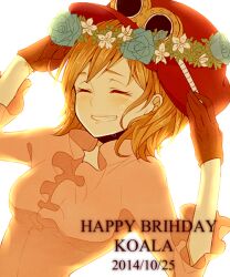  1girl 2014 ^_^ blush brown_gloves brown_hair character_name closed_eyes commentary_request dated flower_wreath frilled_shirt frills gloves goggles goggles_on_headwear happy_birthday hat koala_(one_piece) komomo1214 one_piece pink_shirt shirt short_hair simple_background smile solo tears upper_body white_background 