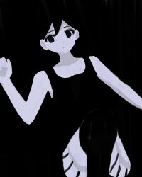  1boy black_background black_eyes black_hair black_shorts black_tank_top black_thighhighs closed_mouth colored_skin double-parted_bangs hair_between_eyes highres looking_at_viewer male_focus omori omori_(omori) short_hair shorts simple_background sketch solo striped_clothes striped_shorts tank_top thigh-highs true_erg two-tone_shorts vertical-striped_clothes vertical-striped_shorts white_shorts white_skin 