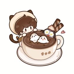  1boy animal_ears blush_stickers brown_eyes brown_hair cat_boy cat_ears cat_tail character_request check_character check_copyright chibi chibi_only chinese_commentary coffee coffee_mug commentary_request copyright_request cup food full_body hat heart highres male_focus marshmallow mug real_life saucer short_hair simple_background solo tail wafer_stick white_background white_hat yi_zhi_miehaha zhou_shen 