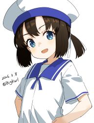  1girl :d absurdres bigkwl blue_eyes blue_ribbon blue_sailor_collar blush brown_hair commentary daitou_(kancolle) dated dated_commentary double-parted_bangs hair_ribbon hat highres kantai_collection looking_at_viewer neck_ribbon one-hour_drawing_challenge open_mouth ribbon sailor_collar shirt short_hair short_sleeves simple_background smile solo twitter_username upper_body white_background white_hat white_ribbon white_shirt 
