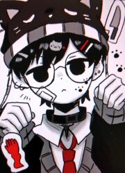  1boy :< alternate_costume animal_hat bandaid bandaid_on_cheek bandaid_on_face bespectacled black-framed_eyewear black_choker black_eyes black_hair cat_hat choker collared_shirt colored_skin commentary double-parted_bangs ear_piercing geldslzcyf59548 glasses hair_between_eyes hat long_sleeves looking_at_viewer male_focus mewo necktie omori omori_(omori) piercing red_necktie round_eyewear shirt short_hair solo untranslatable_commentary upper_body white_shirt white_skin 