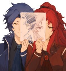  1boy 1girl black_eyes black_shirt blue_hair blue_jacket breasts brooch chesed_(project_moon) chinese_commentary closed_mouth collared_jacket commentary_request curtained_hair drawing_(object) gebura_(project_moon) hand_up heterochromia high_ponytail highres holding holding_drawing holding_together jacket jewelry library_of_ruina long_hair long_sleeves low_ponytail neckerchief parted_bangs ponytail project_moon red_hair red_jacket red_neckerchief scar scar_across_eye scar_on_cheek scar_on_face scar_on_hand scar_on_neck shirt short_hair side-by-side sidelocks smile upper_body wing_collar yellow_eyes zomerm 