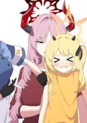  >_< 3girls alternate_costume black_gloves blonde_hair blue_archive breasts commentary crying demon_horns gloves halo highres holding holding_syringe horns huge_breasts ibuki_(blue_archive) koucha_(sr4ez) long_hair multiple_girls pink_hair satsuki_(blue_archive) sena_(blue_archive) simple_background sweatdrop syringe untranslatable_commentary white_background 