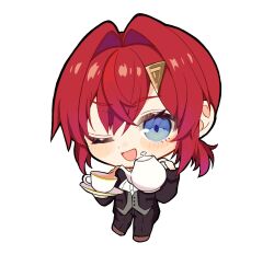  1girl :d alternate_costume ange_katrina asa_1607 ascot black_jacket black_pants blue_eyes blush brown_shoes butler chibi chibi_only crossdressing crossdressing_(ftm) cup enbutlered full_body grey_vest hair_intakes hair_ornament hashtag-only_commentary highres holding holding_cup holding_saucer holding_teapot jacket long_sleeves looking_at_viewer nijisanji one_eye_closed open_clothes open_jacket open_mouth pants ponytail pouring red_hair saucer serving shoes short_ponytail simple_background smile solo teacup teapot triangle_hair_ornament vest virtual_youtuber waistcoat white_ascot white_background 