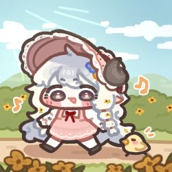  1girl baby_animal bird blue_sky bonnet chibi chibi_only chick clouds commentary_request dress flower full_body horns korean_commentary long_hair mago_(trickcal) monyami musical_note open_mouth outdoors pink_bonnet pink_dress sheep_girl sheep_horns sky solo trickcal very_long_hair walking white_hair 