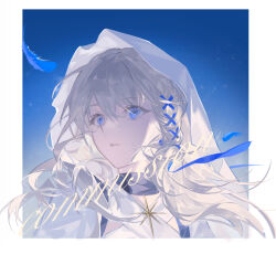  blue_eyes blue_sky commentary_request dress hair_ribbon lin_qing_(phosphorus_1104) long_hair looking_up open_mouth original ribbon sky star_(symbol) veil white_hair 