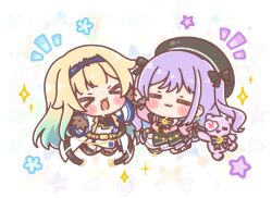  >_< 2girls :3 :d aizawa_ema beret black_boots black_bow black_hat black_shirt black_skirt blonde_hair blue_hair blue_hairband blue_necktie blush_stickers boots bow brown_gloves brown_thighhighs chibi closed_eyes closed_mouth collared_shirt commentary_request crescent dress eyepatch garter_straps gloves gradient_hair hair_bow hairband hat heart heart_eyepatch highres holding holding_stuffed_toy jacket layered_skirt long_hair long_sleeves mitarashi_neko multicolored_hair multiple_girls necktie notice_lines open_clothes open_jacket outstretched_arms pink_jacket pleated_skirt puffy_long_sleeves puffy_sleeves purple_hair shinomiya_runa shirt skirt sleeves_past_wrists smile sparkle spread_arms star_(symbol) striped_bow stuffed_animal stuffed_cat stuffed_toy thigh-highs thighhighs_under_boots two-tone_hair two_side_up v very_long_hair virtual_youtuber vspo! white_background white_dress white_jacket xd 
