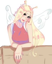  1girl antenna_hair blonde_hair blueberriena closed_mouth commentary conis_(one_piece) dress english_commentary highres long_eyelashes long_hair one_piece pink_dress pink_lips sleeveless sleeveless_dress solo twitter_username white_background white_wings wings 