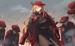  1girl 4others absurdres belt black_gloves black_jacket black_pants black_shirt bowing brown_hair buzhe477 cigar coat coat_on_shoulders collared_shirt faceless fedora gloves green_eyes hair_between_eyes hand_on_weapon hat highres holding holding_cigar jacket lapels limbus_company long_hair long_sleeves looking_to_the_side multiple_others multiple_swords necktie notched_lapels outdoors pants people project_moon red_coat red_hat red_necktie sheath sheathed shirt sky smile smoke smoke_trail smoking solo_focus sword thumb_(identity)_(project_moon) valencina_(project_moon) very_long_hair weapon 