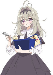  1girl antenna_hair black_bow black_capelet black_dress bow capelet dessert dress eating food hair_intakes holding holding_food holding_ice_cream holding_ice_cream_scoop_(utensil) ice_cream ice_cream_scoop_(utensil) kounosu_satori long_hair long_sleeves looking_at_viewer meitantei_precure! moria_luluka precure simple_background solo violet_eyes 