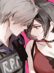  1boy 1girl ada_wong black_choker black_hair blonde_hair blush chinese_commentary choker closed_mouth commentary_request couple dress face-to-face forehead-to-forehead heads_together hetero leon_s._kennedy lips looking_at_another mixed-language_commentary pink_background pink_lips police police_uniform policeman quo_theraven red_dress resident_evil resident_evil_2 resident_evil_2_(remake) short_hair upper_body 