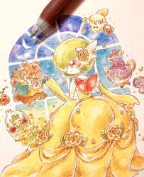  1boy 2girls @_@ absurdres adapted_costume animal_ears arm_at_side art_tools_in_frame artist_name ascot bare_shoulders basket bear_boy bear_ears bear_tail beauty_and_the_beast_(disney) black_bow black_bowtie bloodmoon_ursaluna blue_background blue_jacket blush bob_cut body_fur bottomless bow bowtie brown_eyes brown_fur chibi chibi_inset closed_eyes closed_mouth clothed_pokemon colored_skin commentary_request crescent_moon cup dancing dress elbow_gloves floating flower furry furry_male gardevoir gloves green_hair hair_flower hair_ornament hair_over_one_eye hand_up happy highres holding holding_basket holding_hands indoors jacket litwick long_dress mega_gardevoir mega_pokemon monster_girl moon multiple_girls night one_eye_covered open_clothes open_jacket painting_(medium) pen petals plant_girl pokemon polteageist red_eyes red_flower red_rose rose roselia_(pokemon) shirt short_hair short_tail signature sinistea smile solid_oval_eyes standing strapless strapless_dress tail teacup teapot terrarium thorns traditional_bowtie traditional_media u_u ursaluna watercolor_(medium) white_ascot white_skin window yellow_dress yellow_eyes yellow_flower yellow_gloves yellow_shirt yukichi_0611 