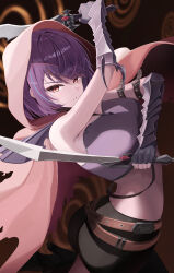  1girl absurdres arm_strap arm_up armpits ass bare_shoulders belt black_gloves black_pants breasts brown_belt cape chain cloak commentary copyright_logo cowboy_shot crop_top dagger dual_wielding fingerless_gloves gauntlets gloves high_heels highres holding holding_dagger holding_knife holding_sword holding_weapon hood hood_up hooded_cape hooded_cloak knife korean_commentary large_breasts lilpa logo looking_at_viewer midriff multicolored_hair multiple_belts pants parted_lips purple_hair red_cloak red_eyes reverse_grip shirt short_hair sleeveless sleeveless_shirt solo streaked_hair su2ro sword torn_cloak torn_clothes v-shaped_eyebrows vambraces virtual_youtuber waktaverse weapon 