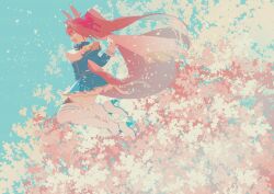  1girl absurdres animal_ears black_thighhighs blue_dress blue_jacket boots bow breasts brown_hair cherry_blossoms closed_eyes commentary_request daiwa_scarlet_(peak_blue)_(umamusume) daiwa_scarlet_(umamusume) dress epaulettes frills hair_between_eyes hair_intakes highres horse_ears horse_girl horse_tail jacket juliet_sleeves large_breasts layered_skirt long_hair long_sleeves mukai_saki open_mouth puffy_sleeves shirt skirt smile solo tail thigh-highs tiara twintails umamusume very_long_hair white_boots white_dress white_shirt white_skirt white_thighhighs 