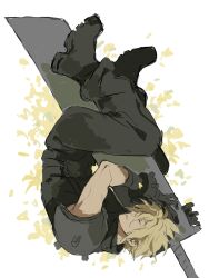  1boy armor baggy_pants belt black_boots black_gloves black_pants black_shirt blonde_hair boots buster_sword closed_eyes cloud_strife final_fantasy final_fantasy_vii final_fantasy_vii_remake gloves hair_between_eyes highres holding holding_sword holding_weapon male_focus multiple_belts pants pauldrons petals shirt short_hair shoulder_armor single_pauldron sketch sleeveless sleeveless_turtleneck solo soten_sq spiky_hair sword toned toned_male turtleneck weapon white_background yellow_petals 
