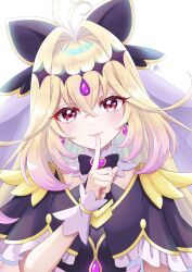  1girl absurdres antenna_hair black_bow black_capelet blonde_hair bow capelet closed_mouth collar commentary cure_arcana_shadow detached_collar earrings finger_to_mouth frilled_capelet frills fujisaki_star gradient_hair hair_intakes highres index_finger_raised jewelry light_blush long_hair looking_at_viewer magical_girl meitantei_precure! moria_luluka multicolored_hair pink_eyes pink_hair precure sidelocks smile solo two-tone_hair upper_body white_collar 