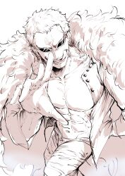  1boy abs ame_ekai commentary_request donquixote_doflamingo evil_smile feather_cape greyscale highres looking_at_viewer male_focus monochrome one_piece open_clothes open_shirt pants short_hair simple_background smile solo sunglasses tongue tongue_out 