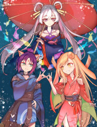  3girls amenoma_(pixiv_118813560) animal_ears blue_eyes blue_hoodie blue_kimono brown_eyes brown_hair cho_kaguya-hime! clothing_cutout commentary crescent crescent_hair_ornament fish forehead_jewel fox_shadow_puppet fox_shadow_puppet_kiss hair_ornament hair_rings hand_on_own_hip highres holding holding_umbrella hood hood_down hoodie japanese_clothes kaguya_(cho_kaguya-hime!) kimono long_hair multiple_girls off_shoulder oil-paper_umbrella pink_eyes purple_hair rabbit_ears rabbit_girl red_kimono red_umbrella runami_yachiyo sakayori_iroha shoulder_cutout twintails umbrella white_hair 
