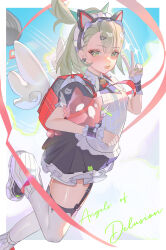  1girl absurdres animal_ear_hairband animal_ears bell black_dress black_garter_straps blue_background cat_ear_hairband cat_ears commentary_request dress earrings fake_animal_ears floating_hair frilled_dress frills garter_straps ghost_hair_ornament green_eyes green_hair green_nails hair_ornament hairband heart heart_earrings heart_hair_ornament highres jewelry maid maid_headdress multiple_hair_clips neck_bell official_alternate_costume open_mouth ponytail red_bag solo sunna_(afternoon_tea_break)_(zenless_zone_zero) sunna_(zenless_zone_zero) v white_wings winged_bag wings xiaojuan_(user_ezvt7287) zenless_zone_zero 