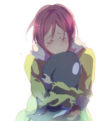  1boy 2y child closed_eyes closed_mouth commentary_request crying free! highres hood hood_down hug male_focus matsuoka_rin short_hair simple_background solo stuffed_animal stuffed_toy tears upper_body white_background 